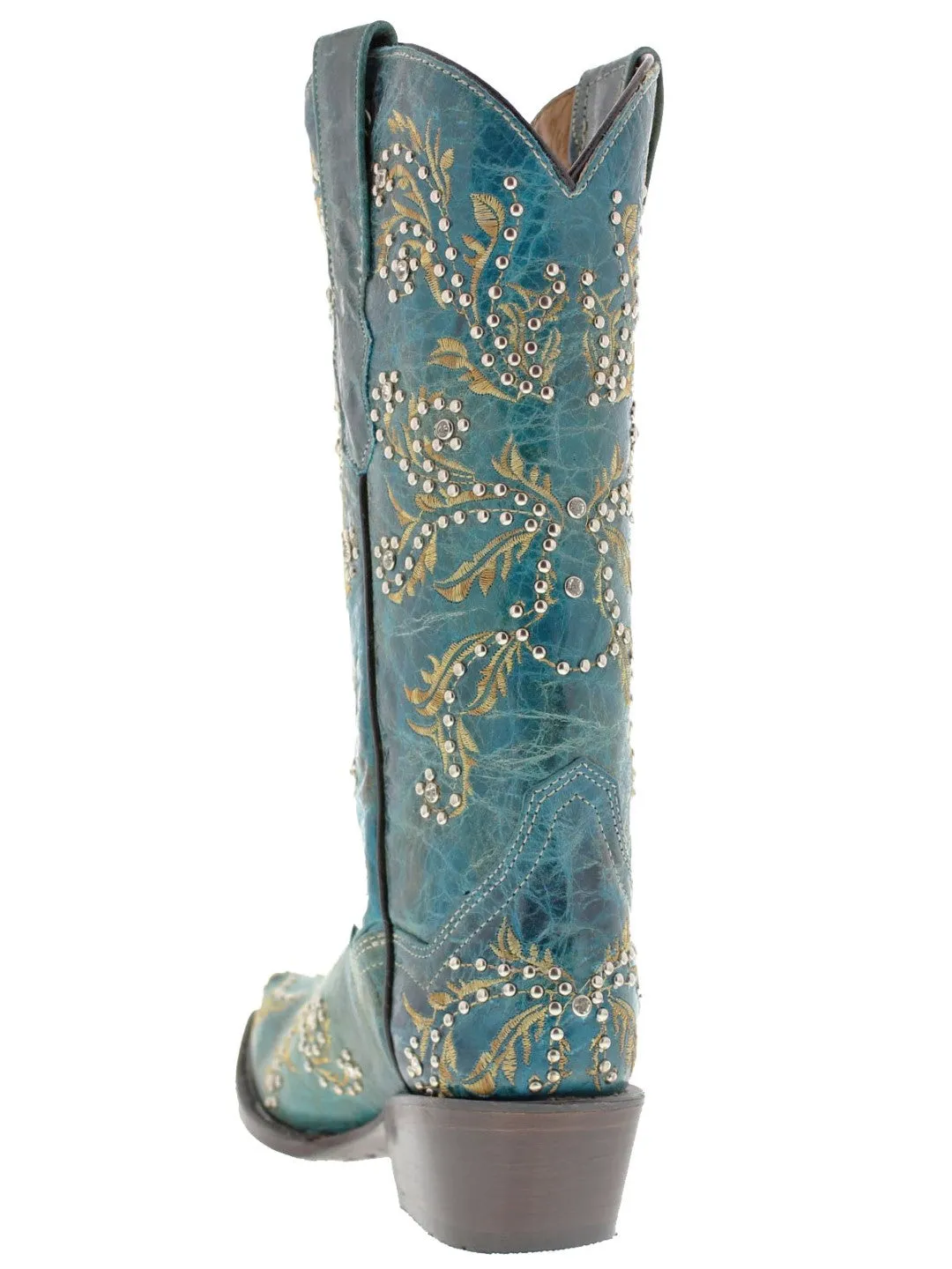 Womens Malaga Turquoise Leather Cowboy Boots Embroidered - Snip Toe