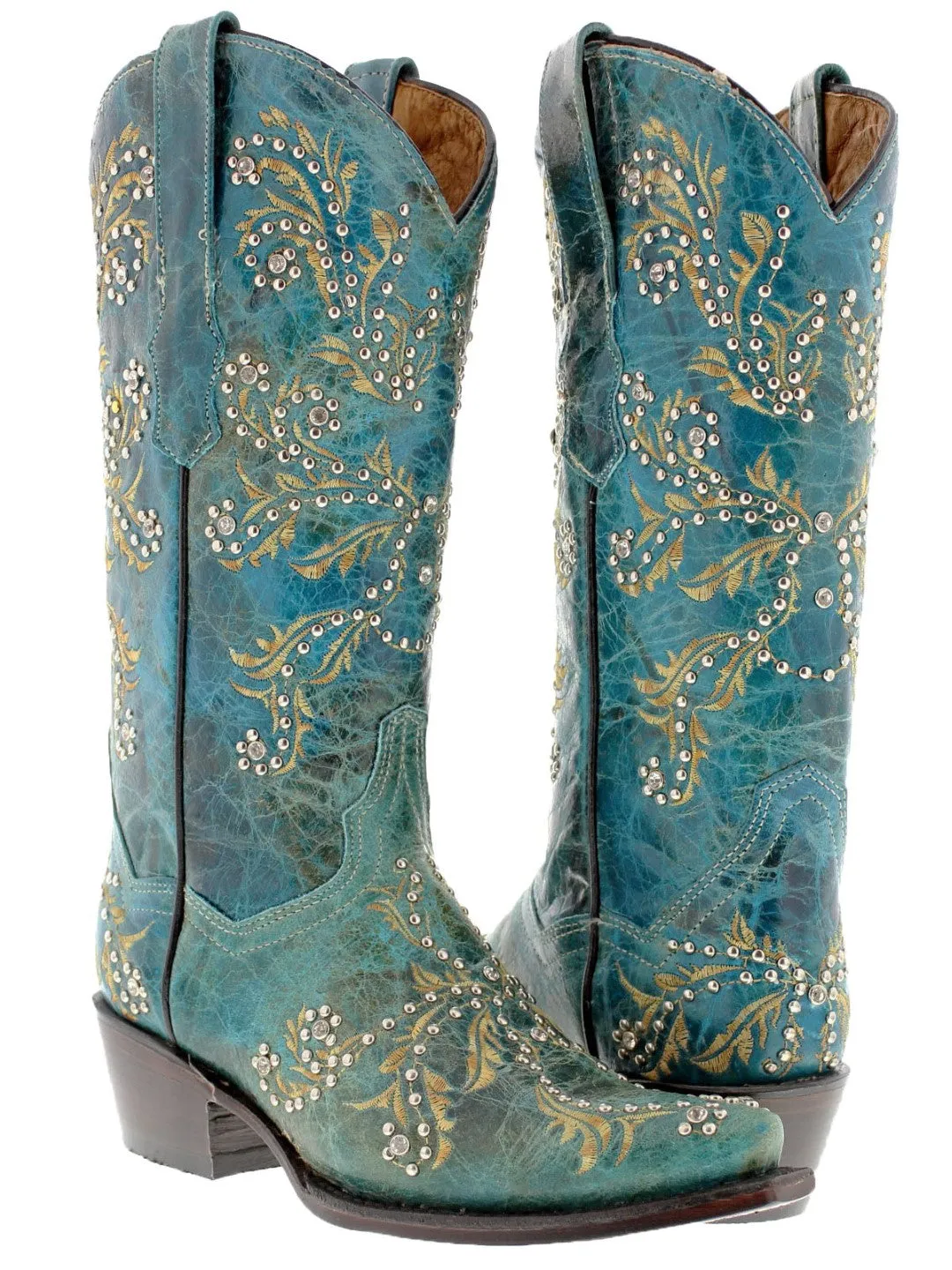 Womens Malaga Turquoise Leather Cowboy Boots Embroidered - Snip Toe