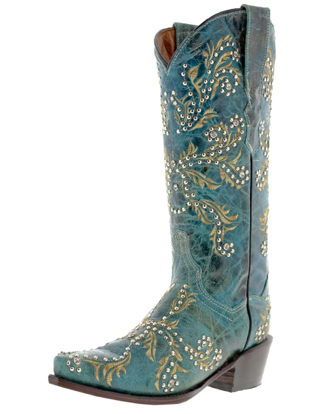 Womens Malaga Turquoise Leather Cowboy Boots Embroidered - Snip Toe