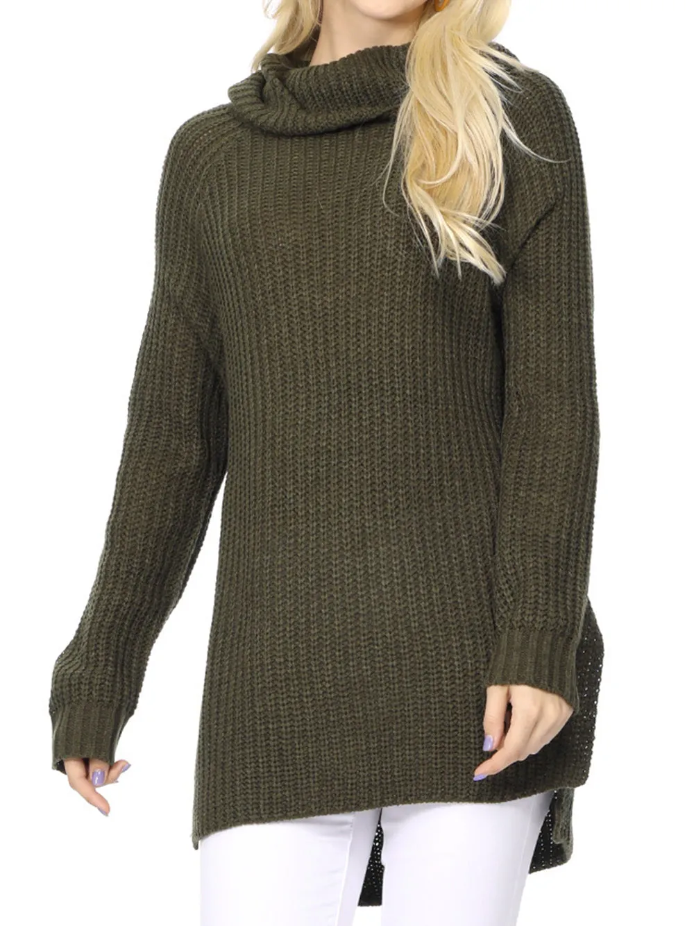 YEMAK Women's Casual Textured Long Sleeve Turtleneck Pullover Tunic Sweater MK3660 (S-L)